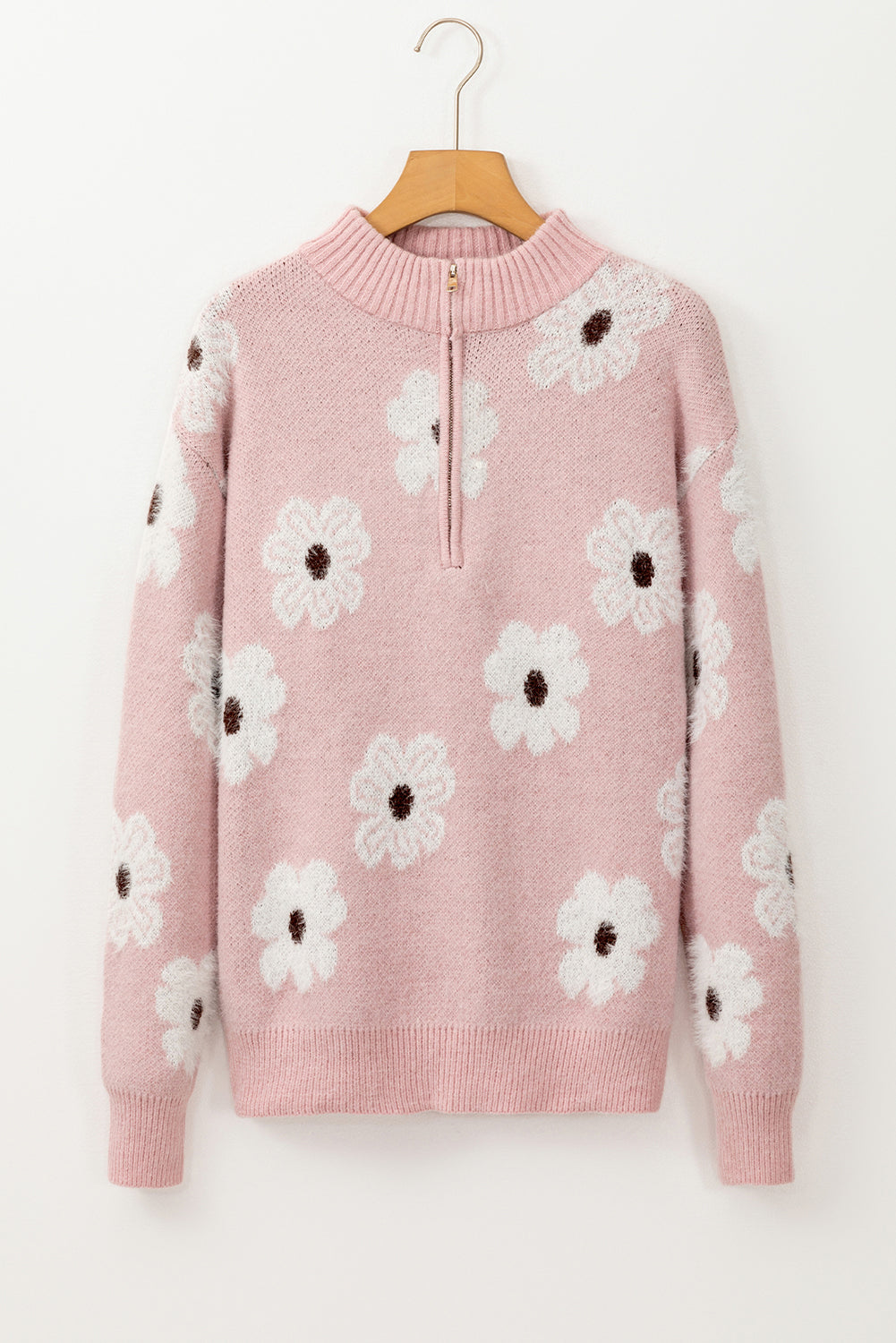 Maria Floral Half Zip Drop Shoulder Sweater Threaded Pear