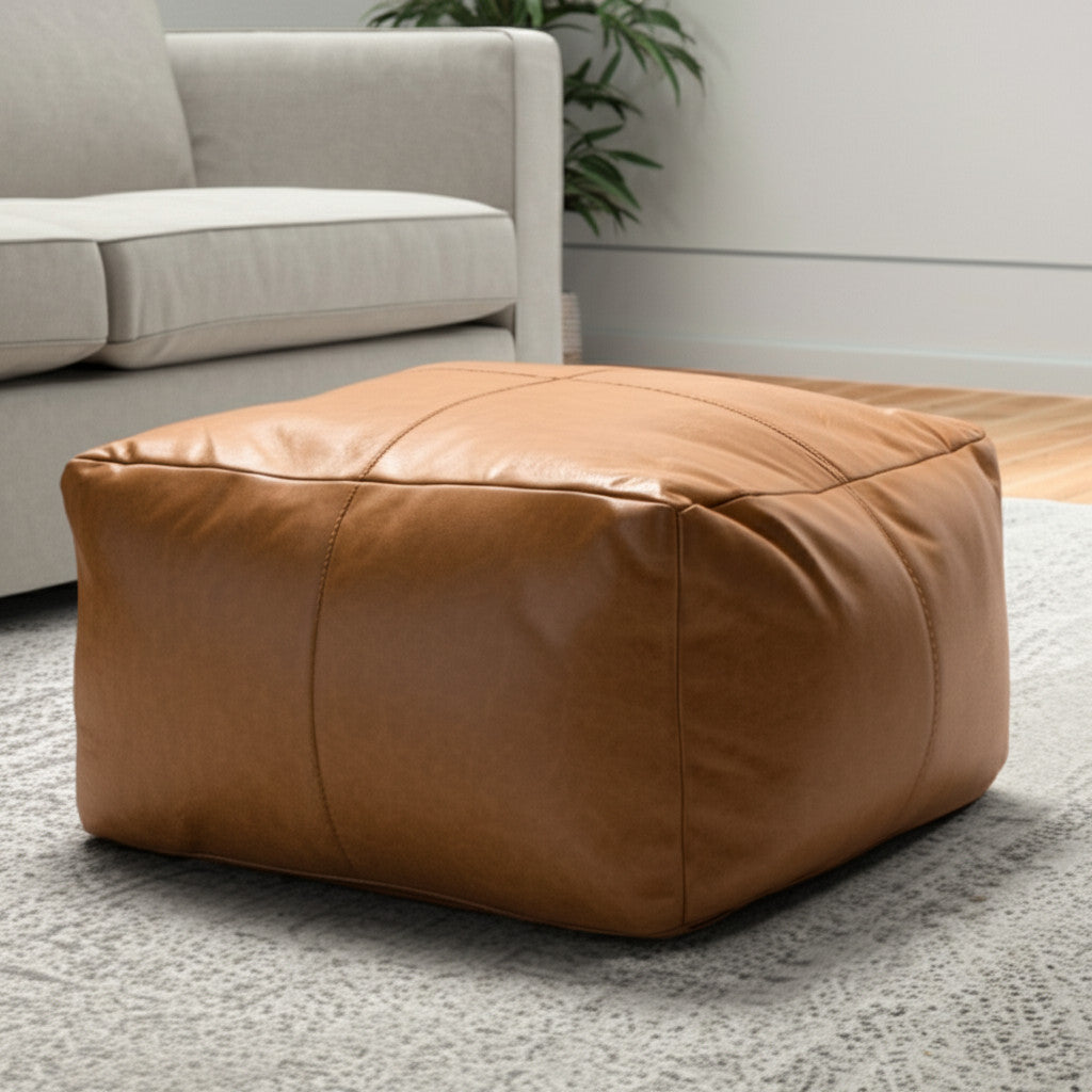 22" Tan Genuine Leather Pouf Ottoman