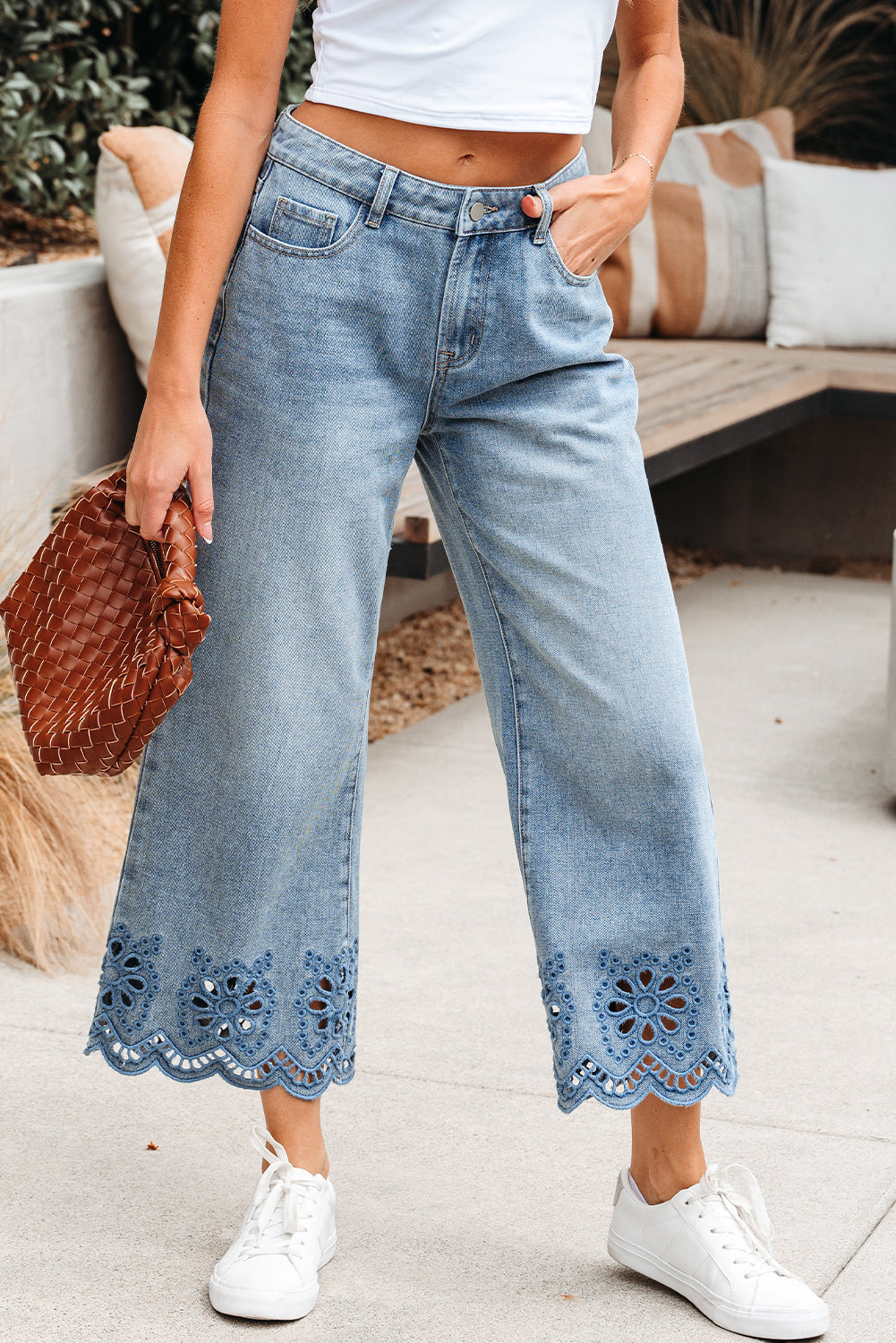 Juliette Embroidered Cropped Wide Leg High Waist Jeans Threaded Pear
