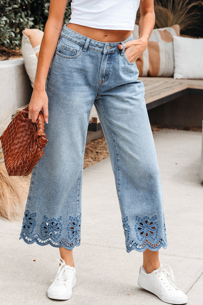 Juliette Embroidered Cropped Wide Leg High Waist Jeans