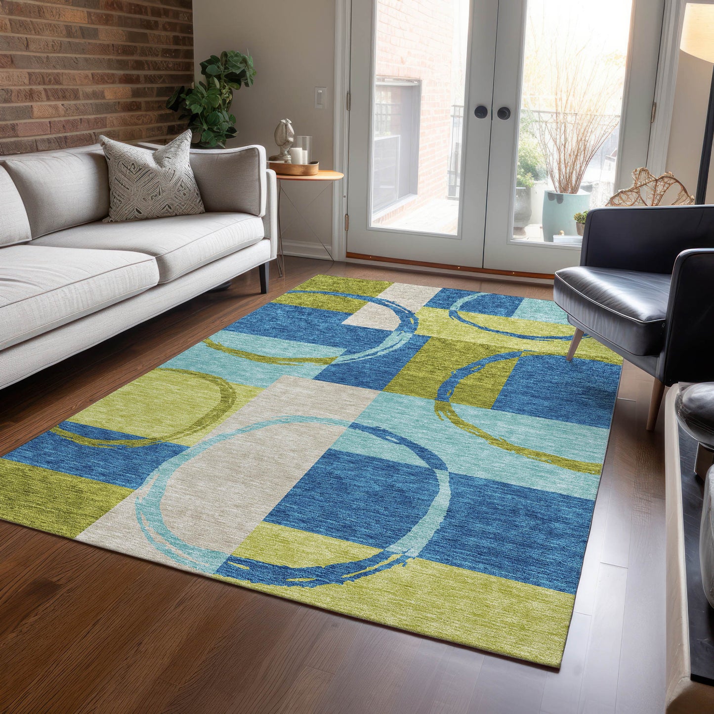5' X 8' Denim Blue And Lime Green Geometric Washable Indoor Outdoor Area Rug