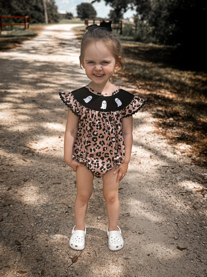 Leopard ghost embroidery Romper Leopardbaby Boutique