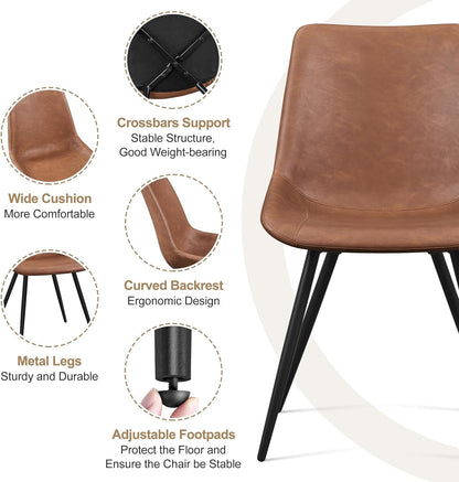 Dining Chairs Set of 2 Upholstered Modern Dining Room Chairs Mid Century Faux Leather Kitchen Chairs with Metal Legs for Dining Room Kitchen, Brown ShipItFurniture
