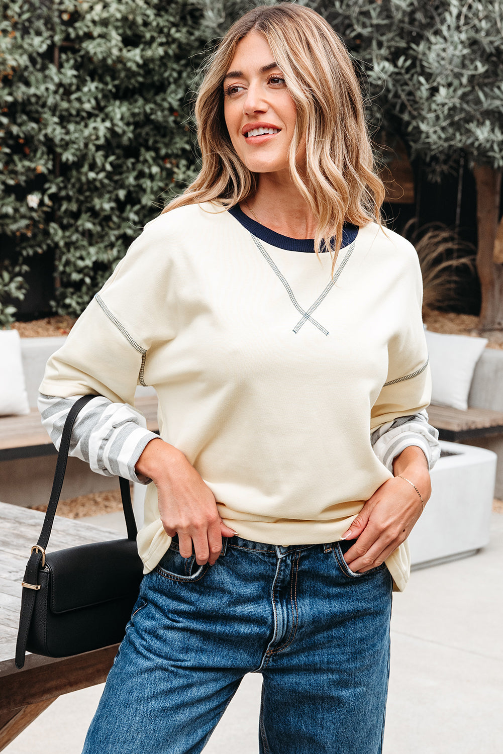 Ashley Striped Long Sleeve Two-in-one Top Threaded Pear