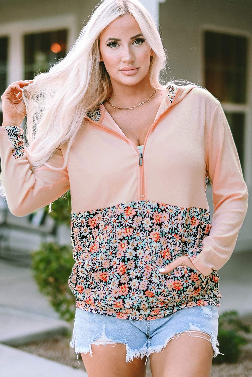 Gemma Floral Half Zip Kangaroo Pocket Hoodie - Get it from Bo