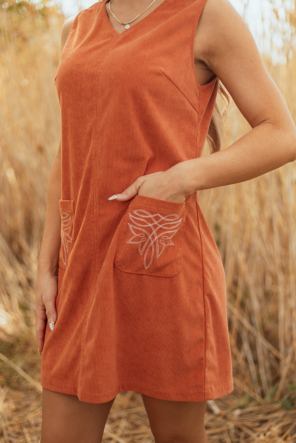 Molly Corduroy Western Embroidered Patched Pocket Mini Dress
