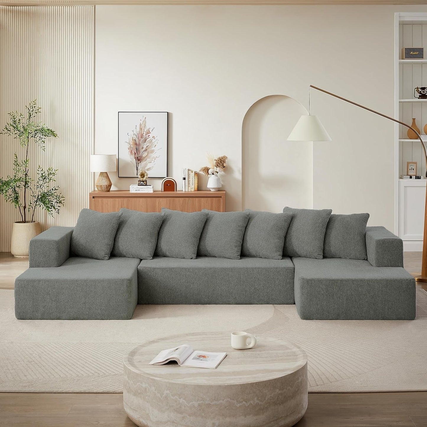 U Shaped Modular Sectional Sofa 6 Seater Grey Chenille ShipItFurniture