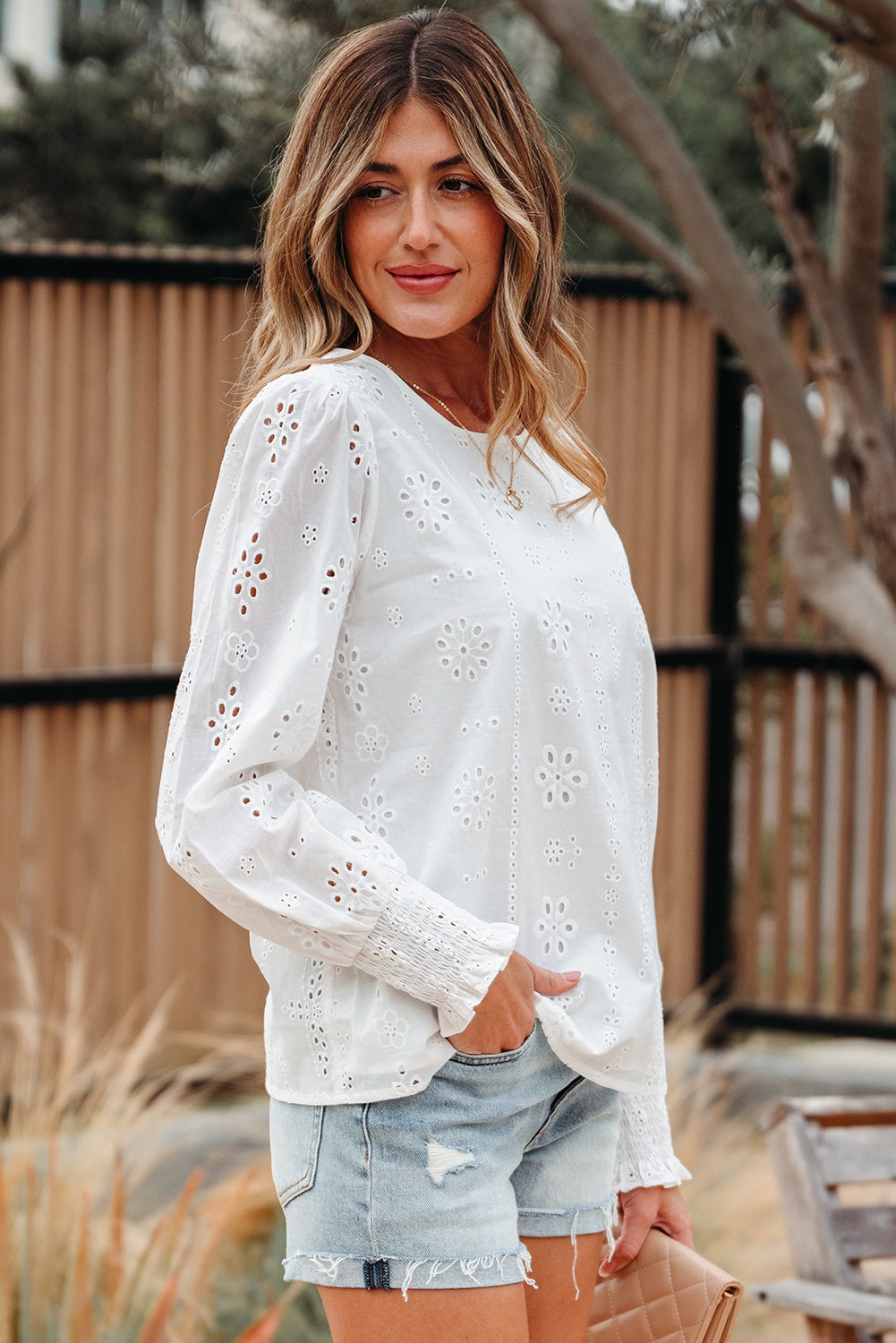Allison Eyelet Embroidered Smocked Cuff Sheer Blouse Threaded Pear