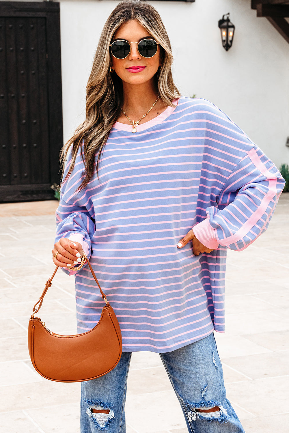 Eliza Stripe Oversize Casual Top Threaded Pear