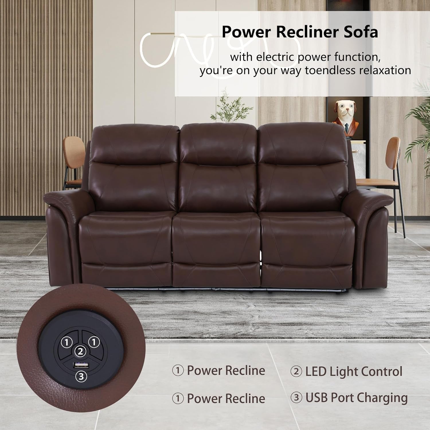 Power Recliner Sofa Set With LED Leather 3 Piece Brown Living Room ShipItFurniture