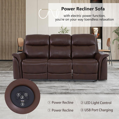 Power Recliner Sofa Set With LED Leather 3 Piece Brown Living Room ShipItFurniture