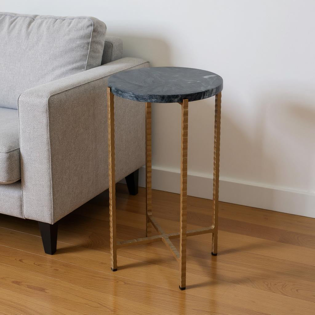 21" Green and Gold Marble and Iron Round End Table