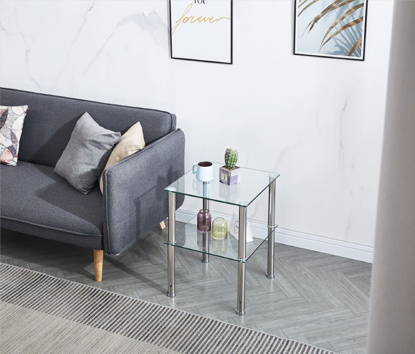 Set of Two Clear and Silver Glass and Metal Square End Tables With Shelf