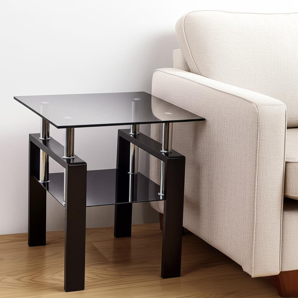 Black Glass and Metal Square End Tables With Shelf