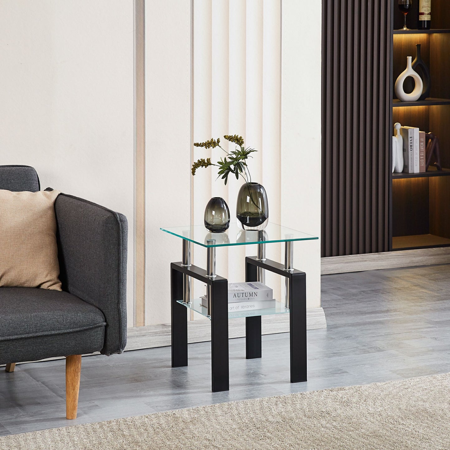 Set of Two Clear and Black Glass and Metal Square End Tables With Shelf