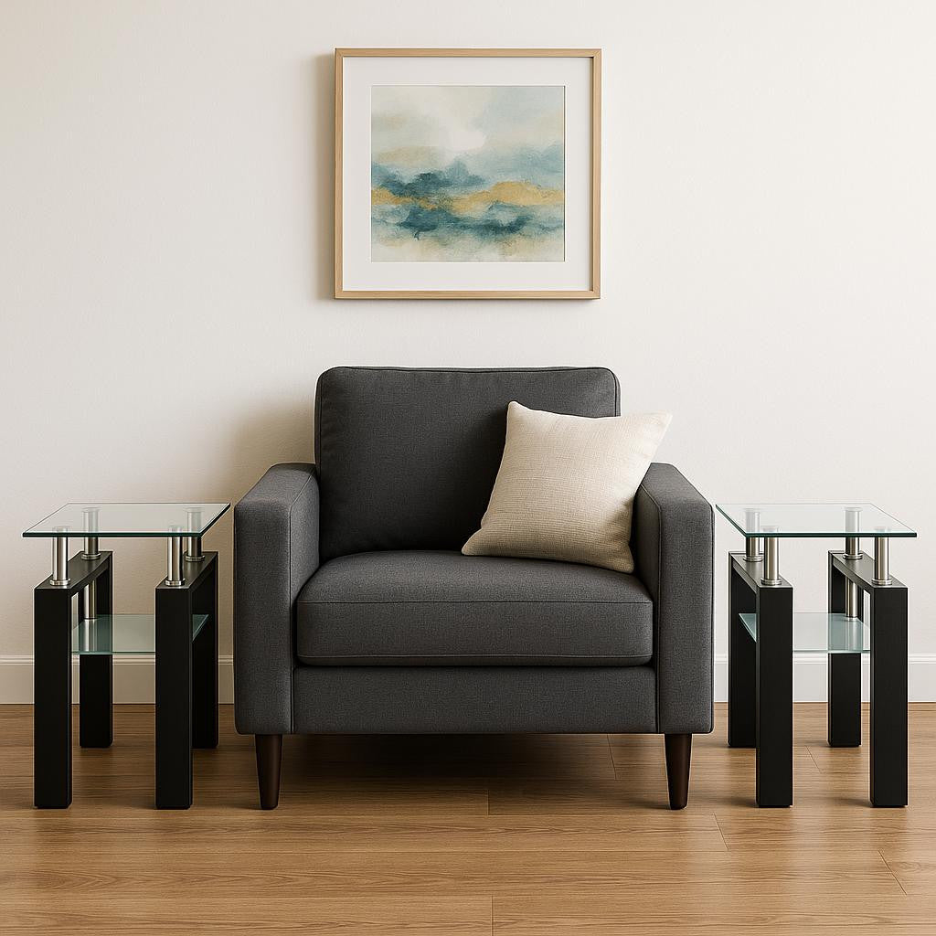 Set of Two Clear and Black Glass and Metal Square End Tables With Shelf