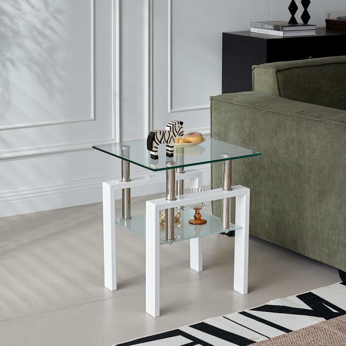 Set of Two Clear and White Glass and Metal Square End Tables With Shelf