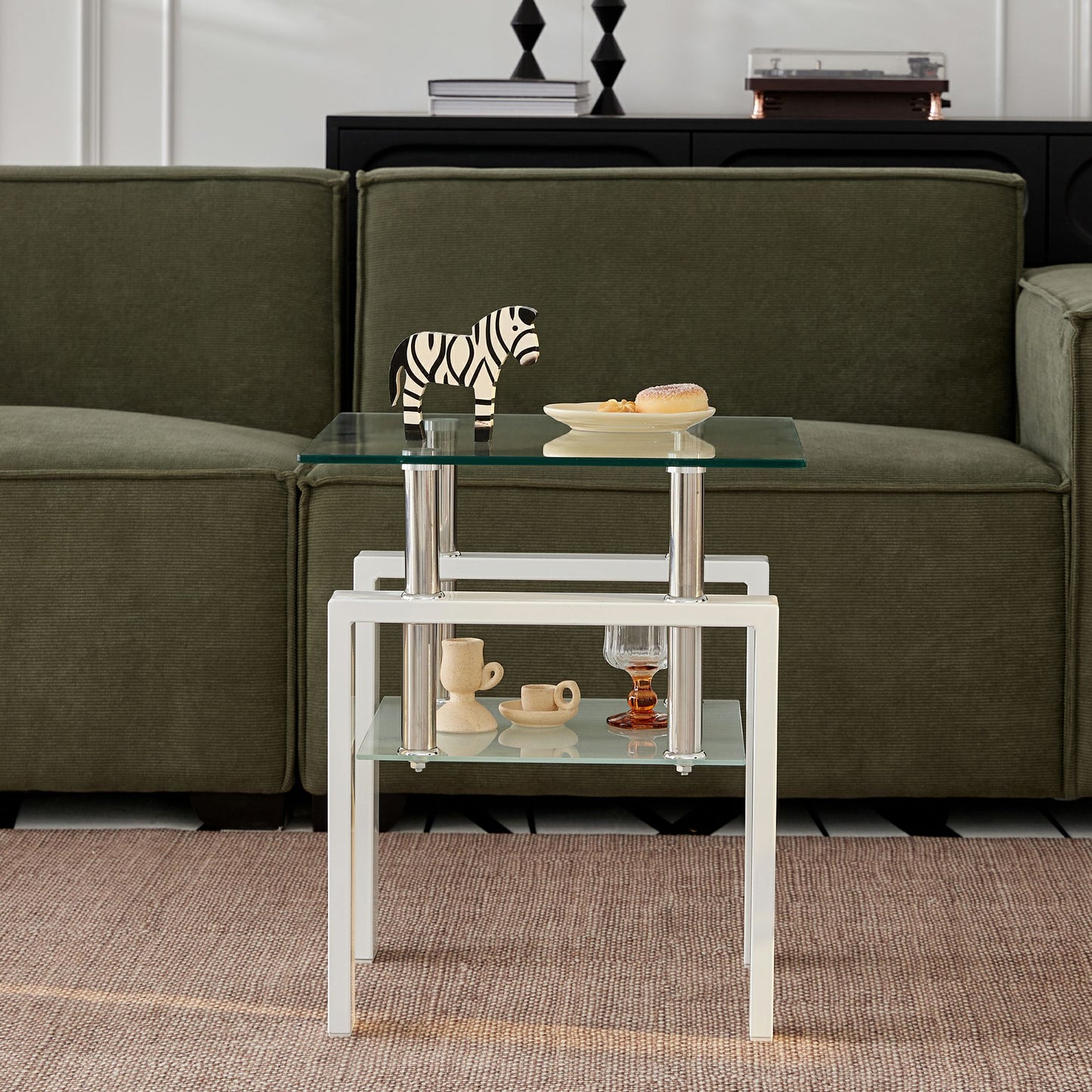 Set of Two Clear and White Glass and Metal Square End Tables With Shelf
