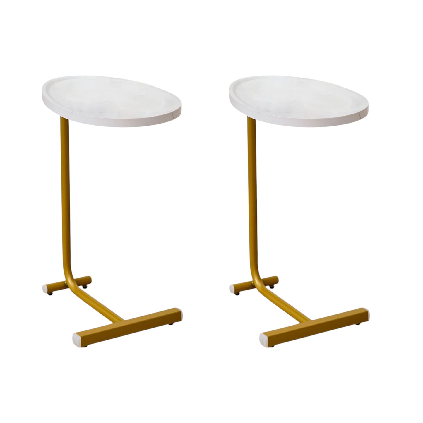 Set of Two White and Gold Faux Marble and Metal Oval End Tables