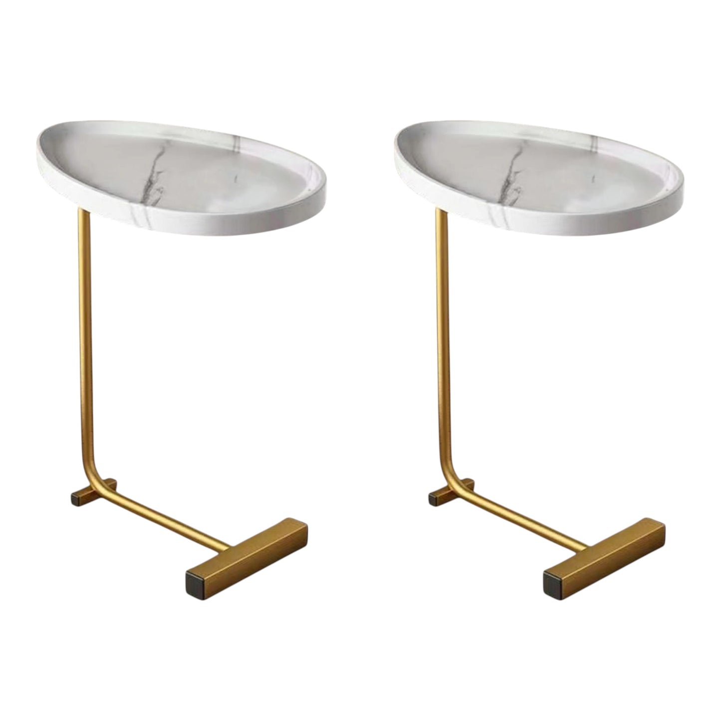 Set of Two White and Gold Faux Marble and Metal Oval End Tables