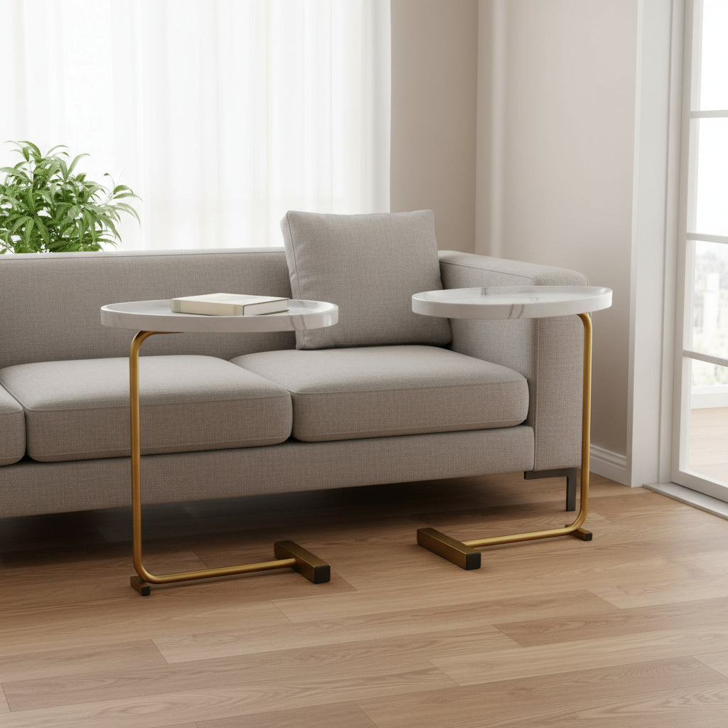 Set of Two White and Gold Faux Marble and Metal Oval End Tables