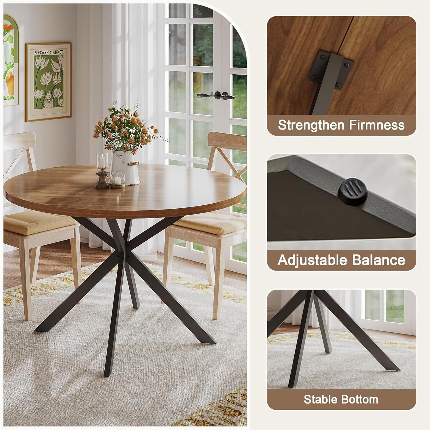 47.2 Inch Round Dining Table For 4 Walnut Farmhouse Kitchen