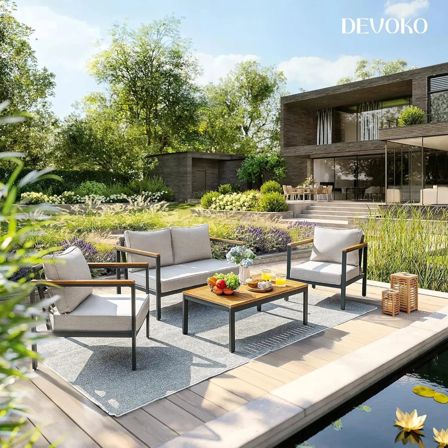 4 Pieces Patio Furniture Sets Outdoor Conversation Set Acacia Wood Sofa Set with Coffee Table Thicker Sponge Cushion-0