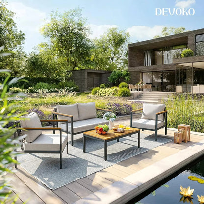 4 Pieces Patio Furniture Sets Outdoor Conversation Set Acacia Wood Sofa Set with Coffee Table Thicker Sponge Cushion-0