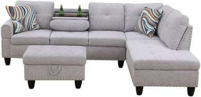 Grey White Flannel L Shaped Sectional Sofa With Ottoman ShipItFurniture