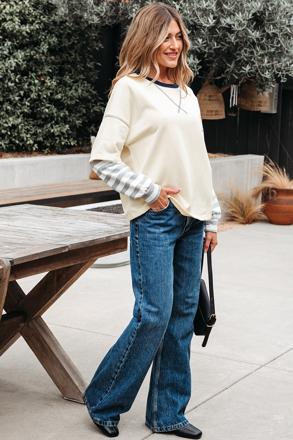 Ashley Striped Long Sleeve Two-in-one Top Threaded Pear