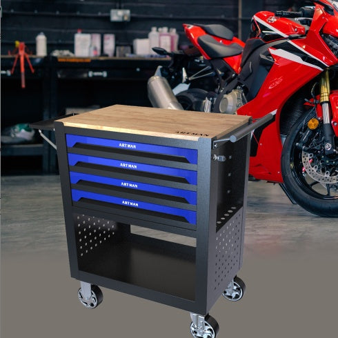 4 DRAWERS MULTIFUNCTIONAL TOOL CART WITH WHEELS AND WOODEN TOP-BLUE CJDropshipping