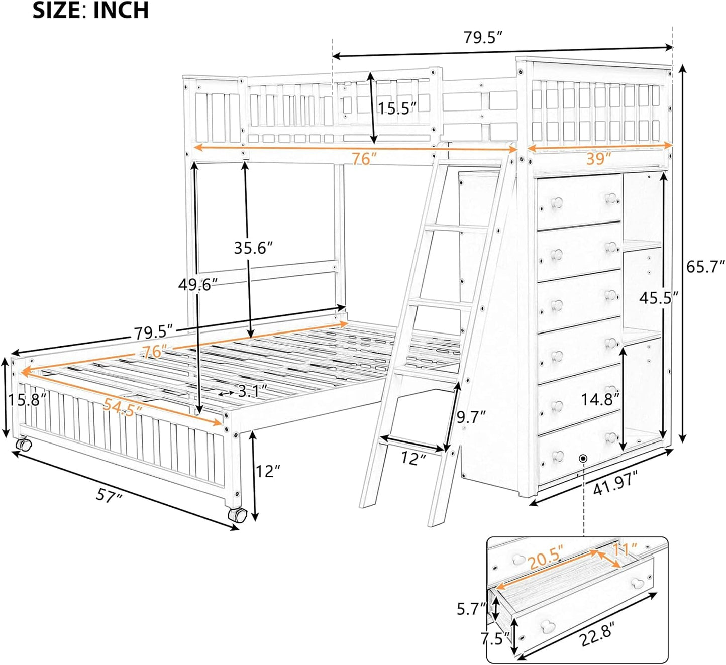 Twin over Full Bunk Bed with Storage, Solid Wood Bunk Bed with 6 Drawers and 3 Flexible Shelves, Twin Loft Bed with Movable Lower Bed, Bottom Bed with Wheels, for Kids Teens Adults (Espresso) ShipItFurniture