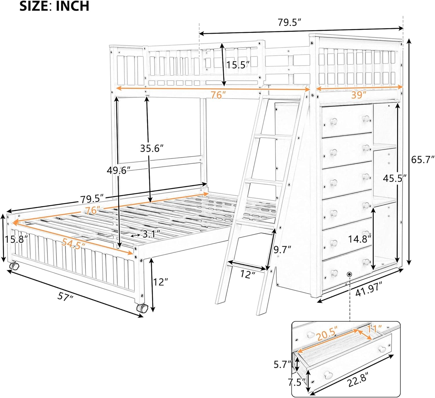 Twin over Full Bunk Bed with Storage, Solid Wood Bunk Bed with 6 Drawers and 3 Flexible Shelves, Twin Loft Bed with Movable Lower Bed, Bottom Bed with Wheels, for Kids Teens Adults (Espresso) ShipItFurniture