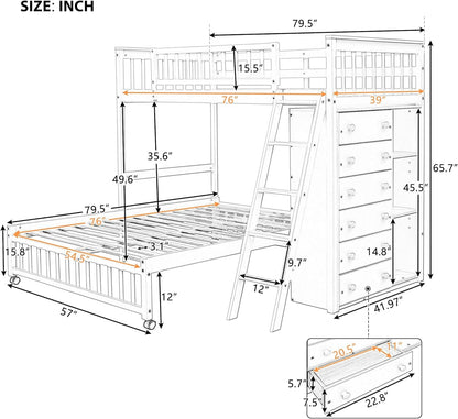 Twin over Full Bunk Bed with Storage, Solid Wood Bunk Bed with 6 Drawers and 3 Flexible Shelves, Twin Loft Bed with Movable Lower Bed, Bottom Bed with Wheels, for Kids Teens Adults (Espresso) ShipItFurniture