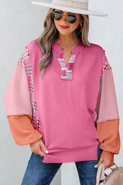 Maddie Texture Colorblock Patchwork Long Sleeve PLUS Top