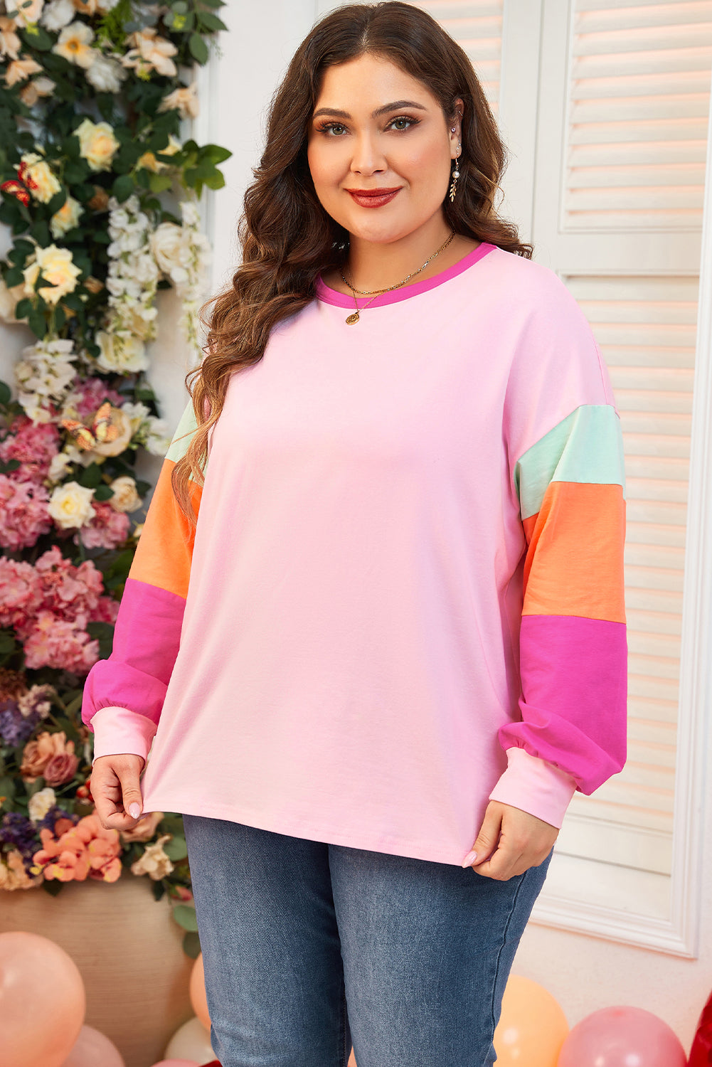 Harlow Plus Size Patchwork Long Sleeve Top Threaded Pear