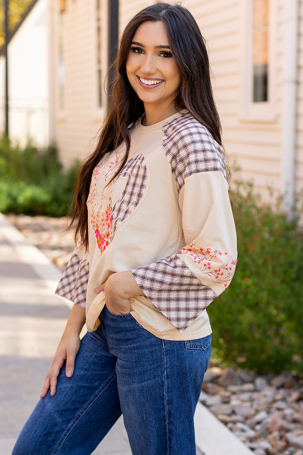 Emilia Plaid Floral Peace Heart Long Sleeve Top Threaded Pear