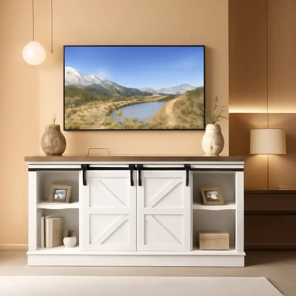 65 Inch Farmhouse TV Stand With Sliding Barn Doors - Get it from Bo