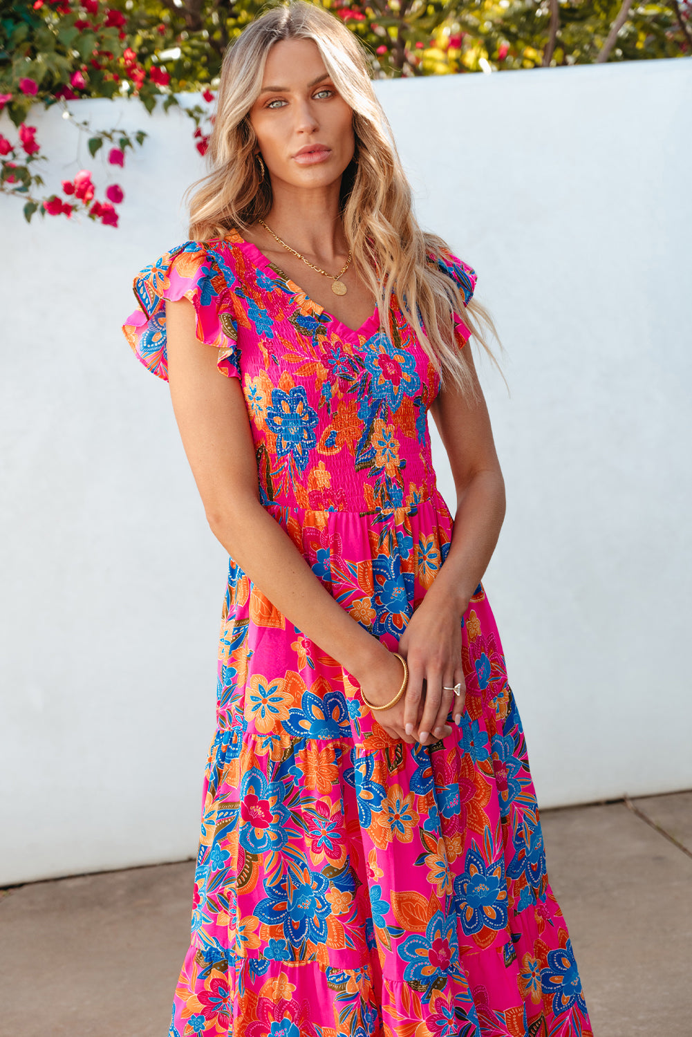 Kamari Boho Floral V Neck Ruffle Tiered Long Dress