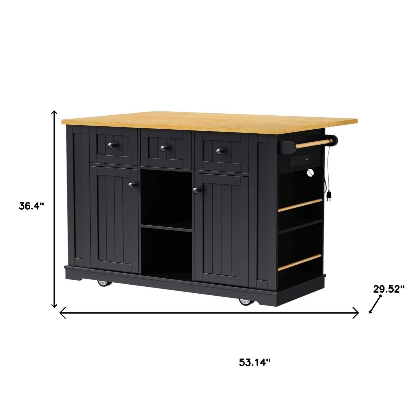 53" Black Wood Rolling Kitchen Island With Storage