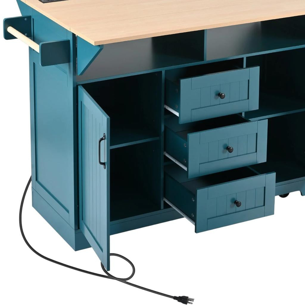 56" Teal Blue Wood Rolling Kitchen Island With Storage