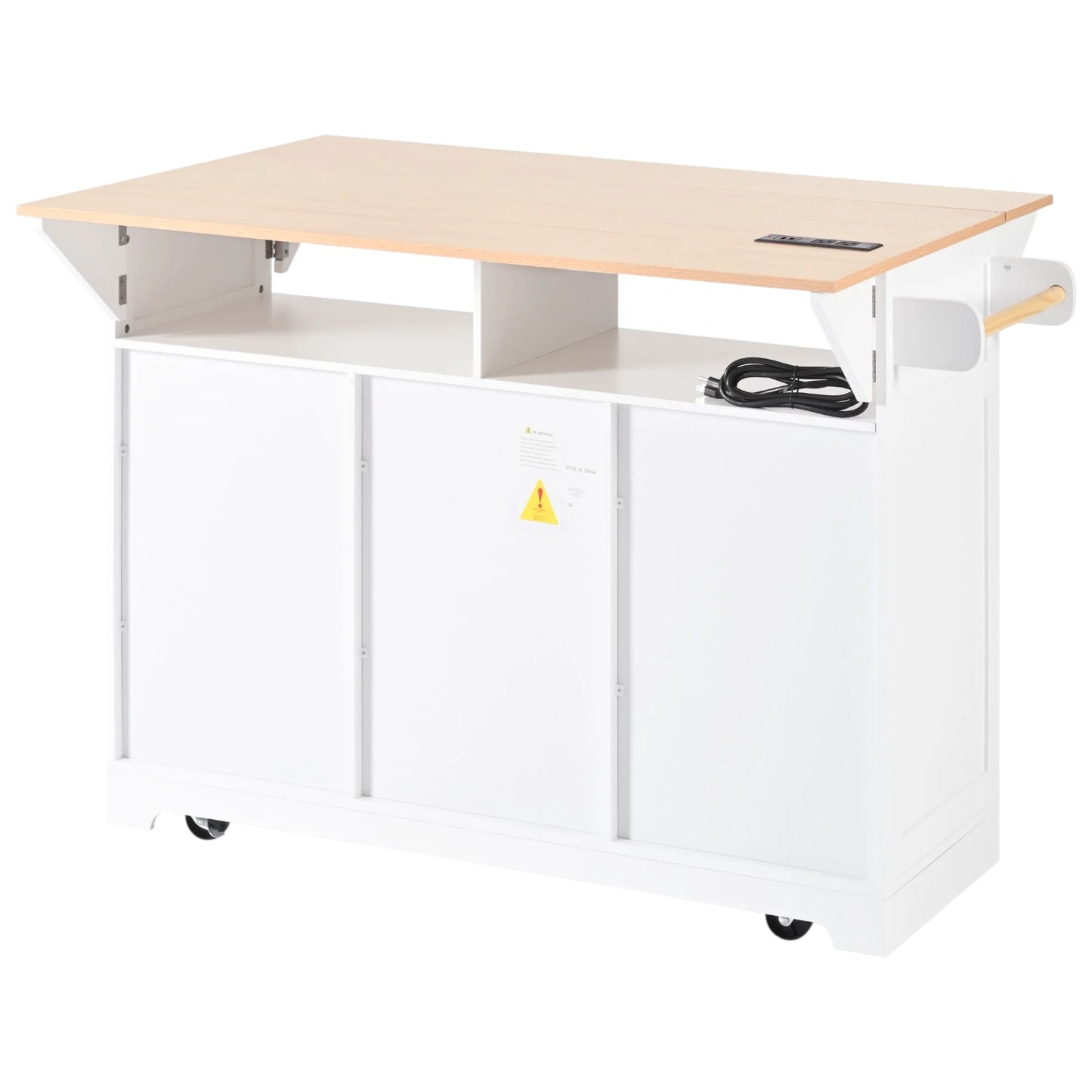 56" White Wood Rolling Kitchen Island With Storage