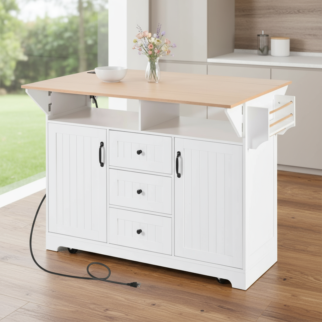56" White Wood Rolling Kitchen Island With Storage