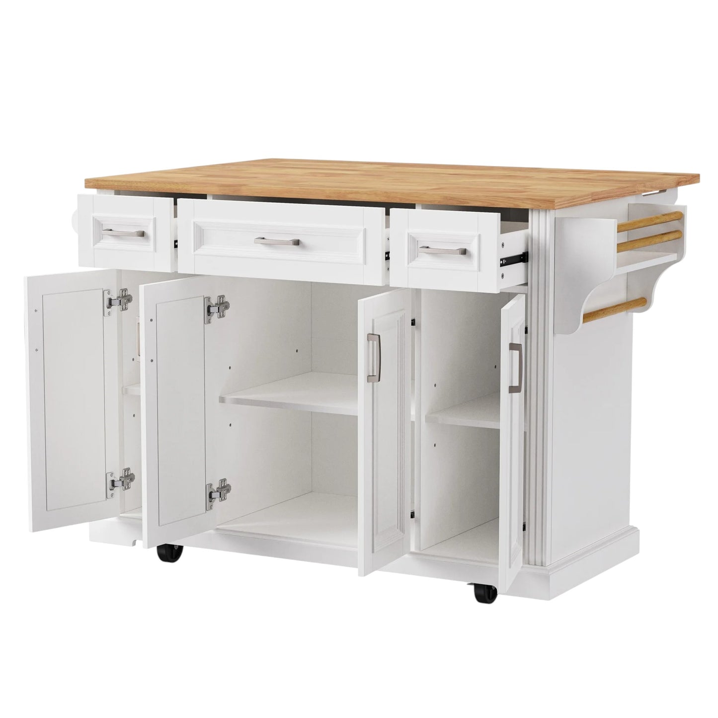 54" White Wood Rolling Kitchen Island With Storage