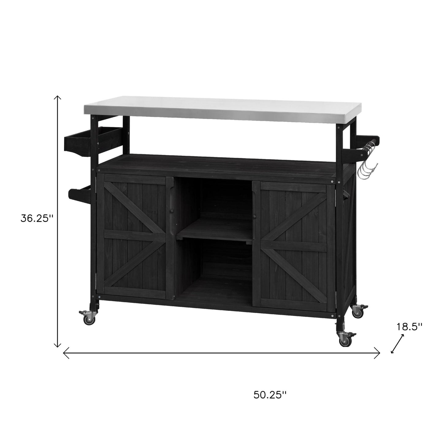 50" Black Wood Rolling Kitchen Island With Storage
