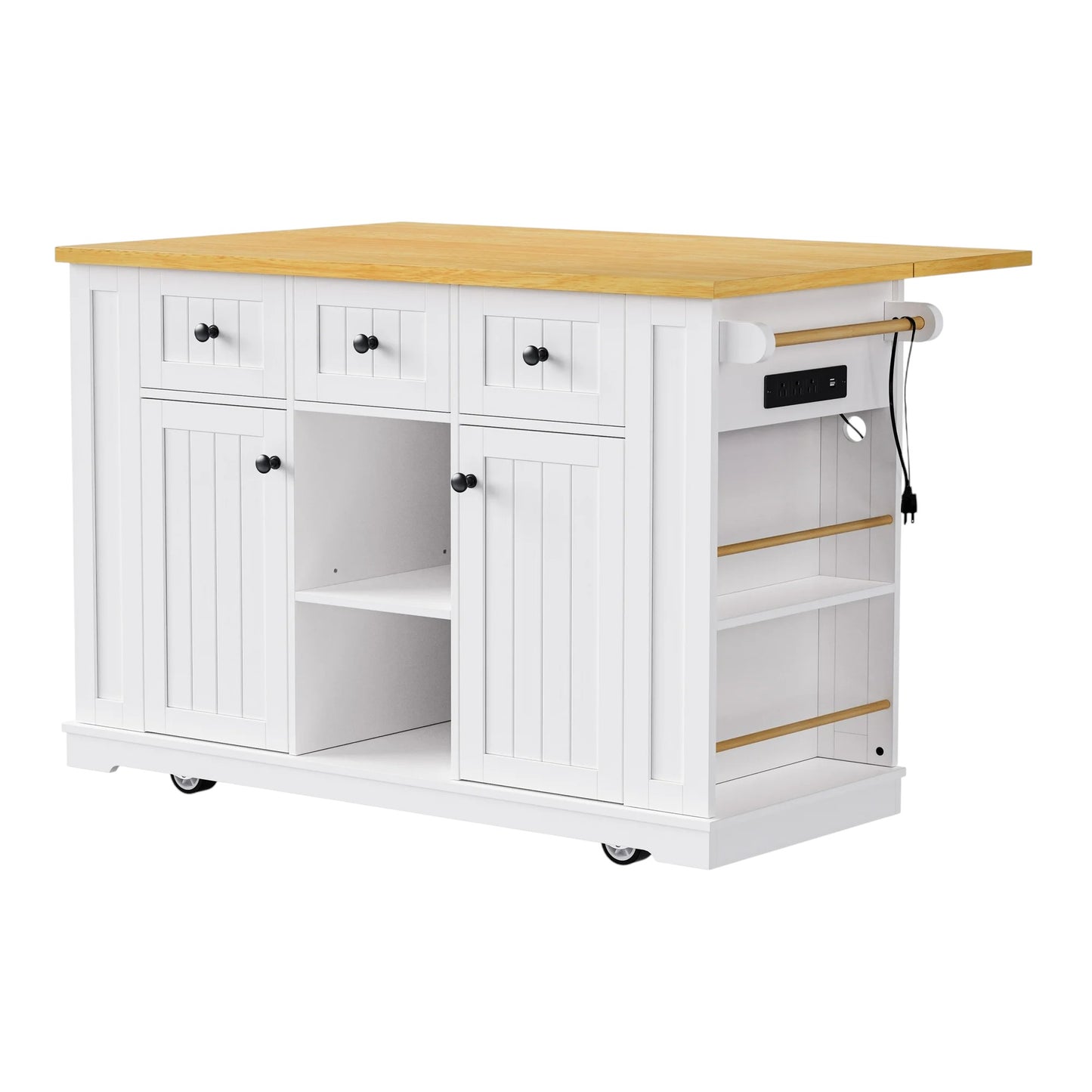 53" White Wood Rolling Kitchen Island With Storage