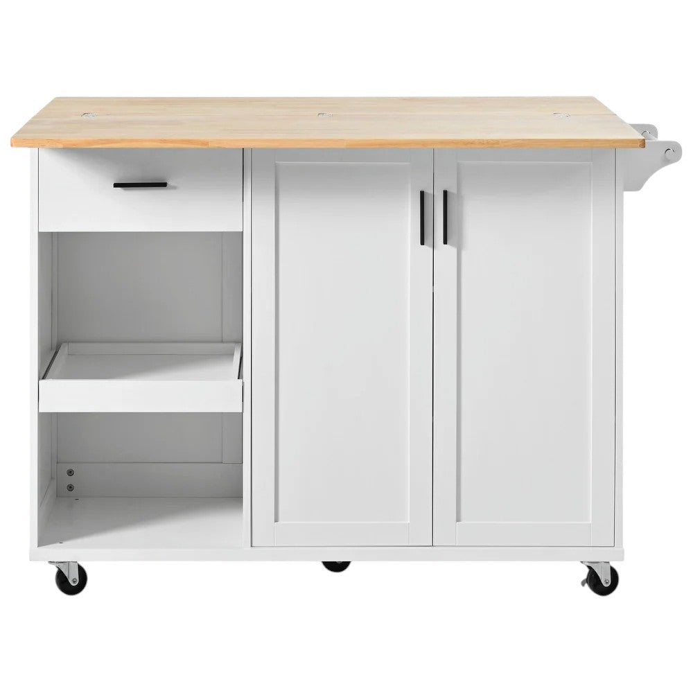 49" White Wood Rolling Kitchen Island With Storage