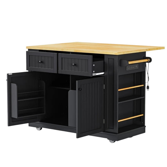 48" Black Wood Rolling Kitchen Island With Storage