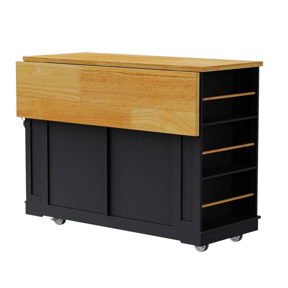 48" Black Wood Rolling Kitchen Island With Storage