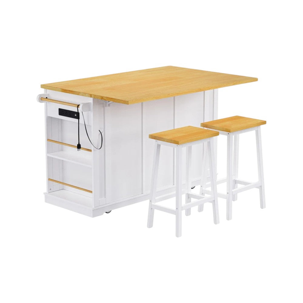 53" White Wood Rolling Kitchen Island Set With Storage